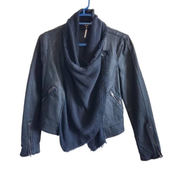 Free People Black Comb Waterfall Draped Moto Jacket Size 2 - Picture 3 of 13